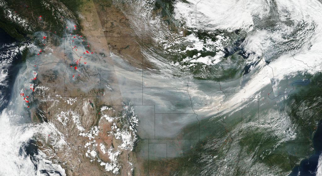 At the smoke's peak, its plume spread over 3,000 miles across the United States. Photo courtesy of NASA.